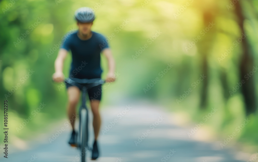 Obraz premium blurred man cycling with helmet on nature trail, surrounded by greenery, evokes sense of freedom and adventure. Public Health Campaigns concept.