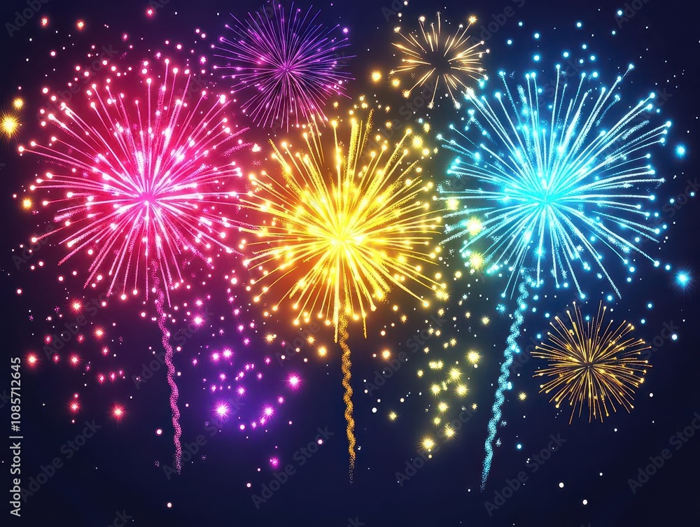 bright fireworks bursting in the night sky, illuminating the atmosphere with vibrant colors, perfect for holiday celebrations and joyful gatherings bright fireworks bursting in the night sky, illuminating the atmosphere with vibrant colors, perfect for holiday celebrations and joyful gatherings