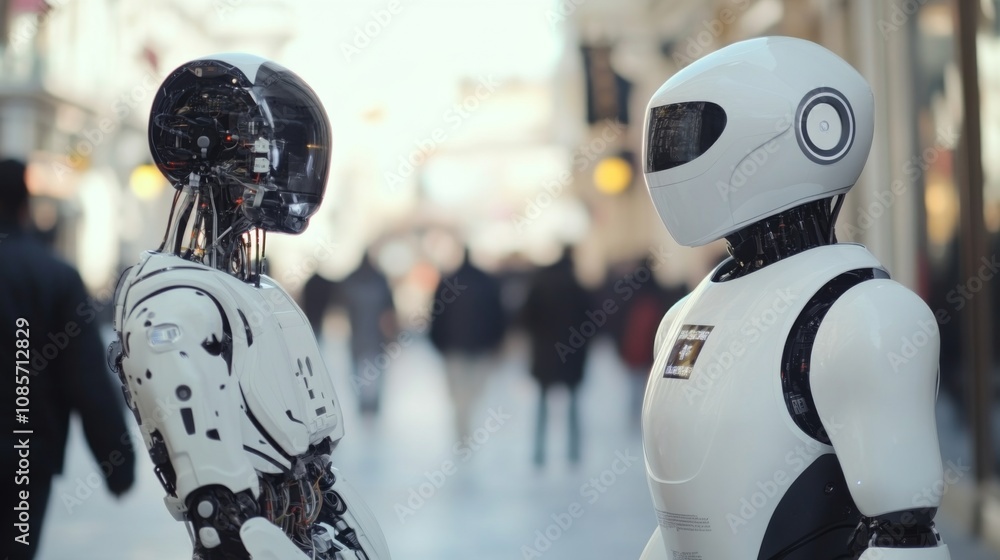 Robot navigating through a bustling modern cityscape Robot navigating through a bustling modern cityscape