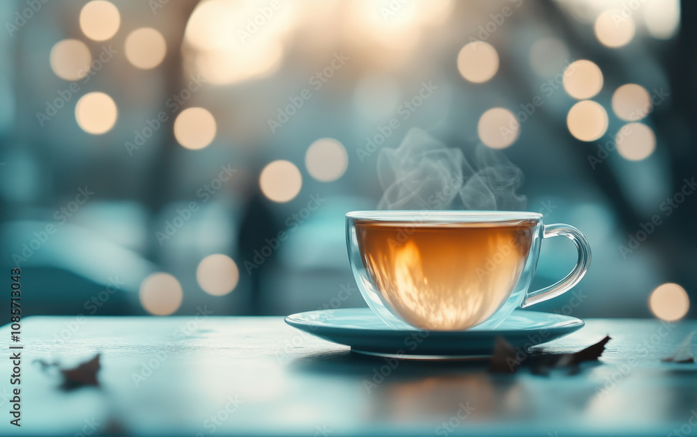 cozy cafe scene featuring steaming glass teacup on wooden table, surrounded by soft bokeh lights. warm ambiance invites relaxation and enjoyment. tea and relaxation concept cozy cafe scene featuring steaming glass teacup on wooden table, surrounded by soft bokeh lights. warm ambiance invites relaxation and enjoyment. tea and relaxation concept