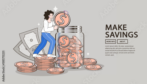 Gold coins into clear bottle. Accumulate and save your money dollar in jar. Flat vector illustration