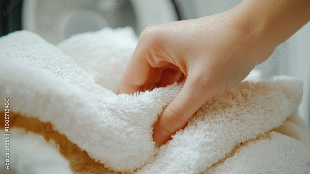 Hand Gently Touching Soft, Fluffy White Blanket While Relaxing in a Cozy Indoor Space with a Calm Atmosphere and Warm Natural Light Surrounding the Scene Hand Gently Touching Soft, Fluffy White Blanket While Relaxing in a Cozy Indoor Space with a Calm Atmosphere and Warm Natural Light Surrounding the Scene