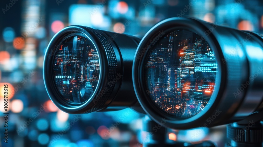 Through binoculars, a digital landscape of finance and technology unfolds, illustrating a future-oriented approach to financial vision Through binoculars, a digital landscape of finance and technology unfolds, illustrating a future-oriented approach to financial vision