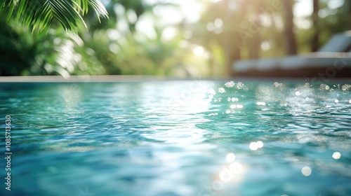 Tranquil Swimming Pool Under Sunlight Surrounded by Lush Greenery and Sparkling Water in a Tropical Oasis for Relaxation and Leisure