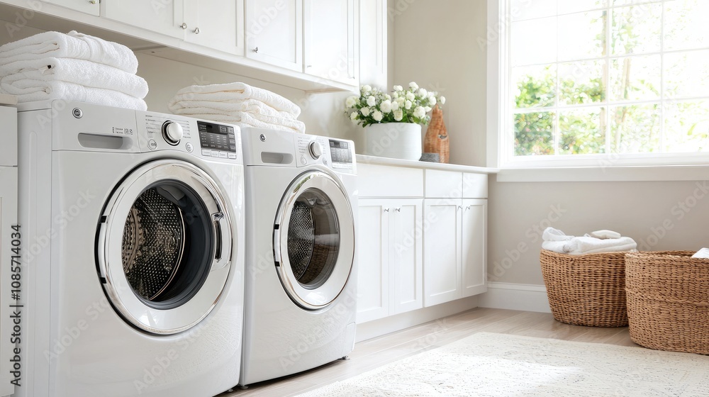 Bright and Inviting Laundry Room Featuring Modern Washing Machines, Neatly Stacked Towels, Natural Light, and Cozy Decor Accents for Home and Lifestyle Inspiration Bright and Inviting Laundry Room Featuring Modern Washing Machines, Neatly Stacked Towels, Natural Light, and Cozy Decor Accents for Home and Lifestyle Inspiration