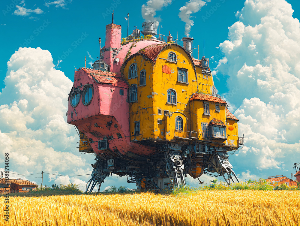 Obraz premium a large, old-fashioned house with a train engine on its roof, traveling down a dirt road in a field with yellow flowers. The sky is cloudy, and the house has a red chimney.