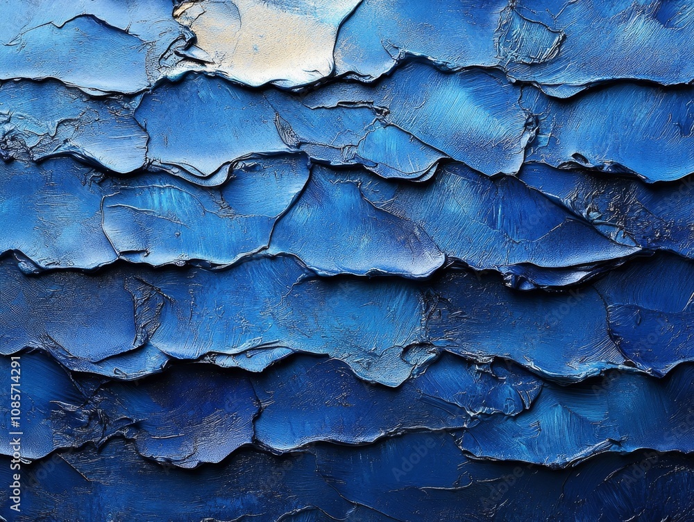 Textured surface with layers of blue paint applied in a way that resembles waves or scales