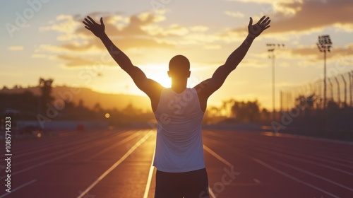 Triumphant man with arms up, standing on track at sunset, showing excitement and pride after finishing intense workout