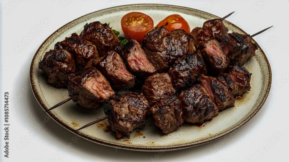 Delicious churrasco served on a plate, isolated against a clean white background Delicious churrasco served on a plate, isolated against a clean white background
