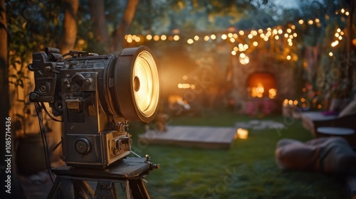 Vintage projector casting light in a garden, surrounded by cozy seating, evoking the charm of summer outdoor movies