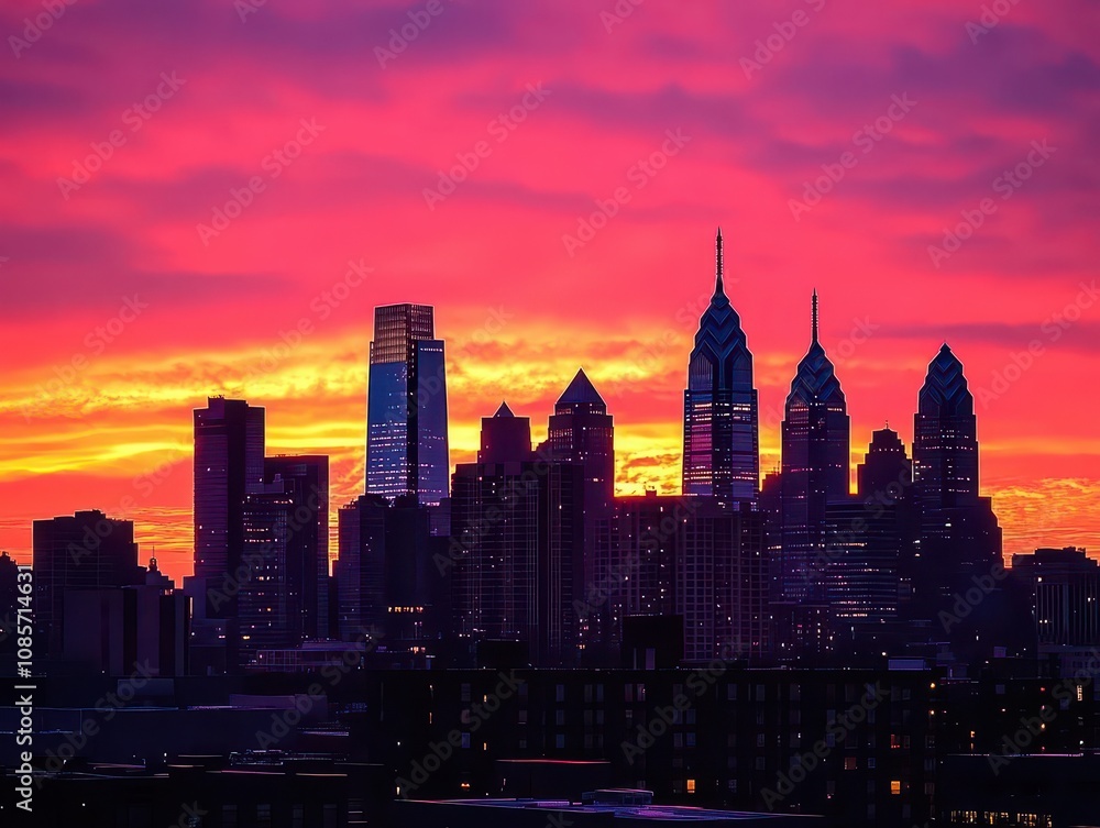 Fototapeta premium city skyline at sunset, featuring iconic buildings silhouetted against a vibrant orange and pink sky, capturing the essence of urban life and the beauty of twilight