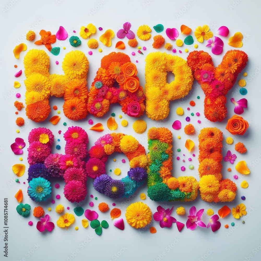 Colorful Happy Holi Greeting Made with Vibrant Flowers and Petals – Festive Floral Artwork Colorful Happy Holi Greeting Made with Vibrant Flowers and Petals – Festive Floral Artwork