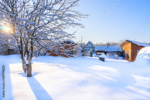 Deep snow in the yard of the house. Bright sunny day. Tree branches covered with snow