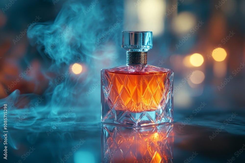 Elegant perfume bottle surrounded by smoke on a reflective surface, creating a mysterious and luxurious ambiance Elegant perfume bottle surrounded by smoke on a reflective surface, creating a mysterious and luxurious ambiance