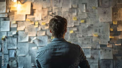 Overwhelmed Businessman, Wall of Ideas, Brainstorming, Failure, Strategy