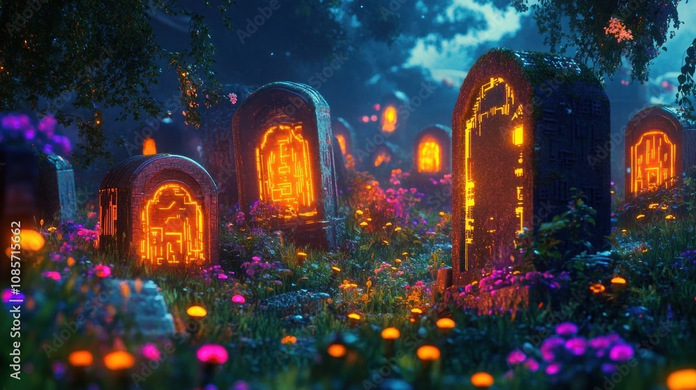A mystical graveyard with glowing tombstones and flowers illuminated by a starry night sky. A mystical graveyard with glowing tombstones and flowers illuminated by a starry night sky.