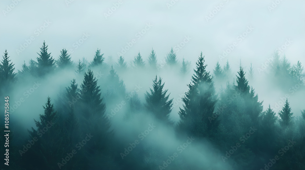 Misty forest landscape with mysterious trees and foggy atmosphere Misty forest landscape with mysterious trees and foggy atmosphere