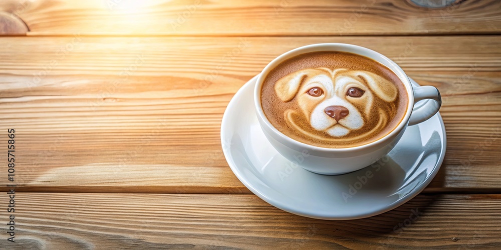 Obraz premium A delightful cup of coffee with adorable canine latte art on a rustic wooden surface
