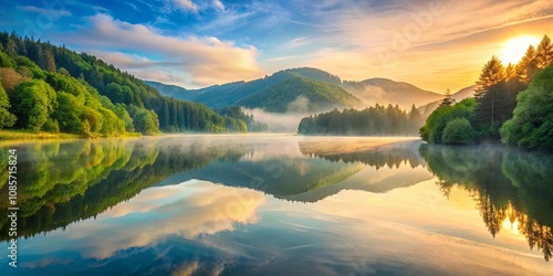 Serene sunrise over a tranquil lake nestled amidst lush green hills and reflecting the golden light