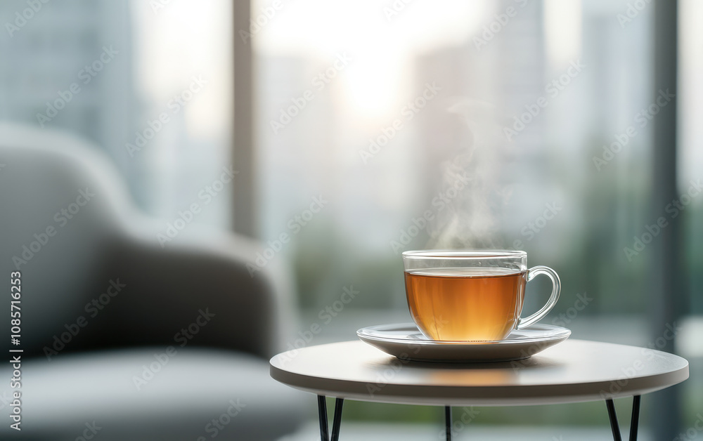 serene morning capture of steaming glass teacup on table, with soft light filtering through window, creating calm atmosphere. tea and relaxation concept serene morning capture of steaming glass teacup on table, with soft light filtering through window, creating calm atmosphere. tea and relaxation concept