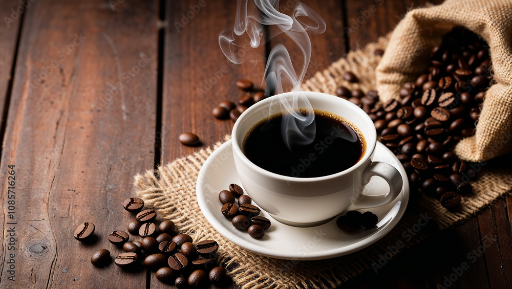A steaming cup of coffee surrounded by scattered coffee beans. A steaming cup of coffee surrounded by scattered coffee beans.