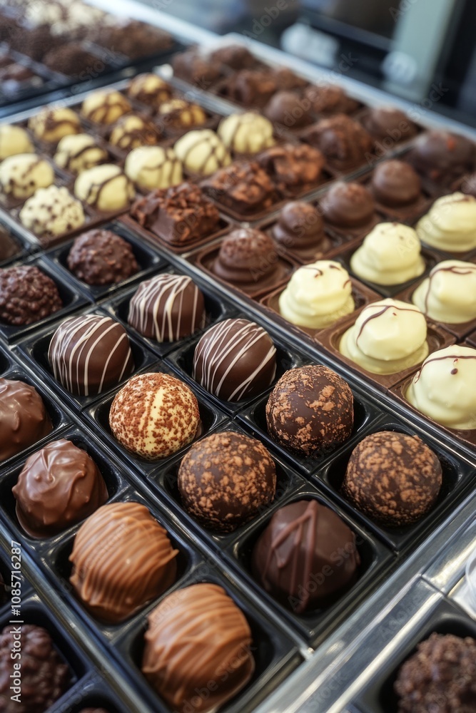 Display of delicious assorted chocolate pralines with various flavors and toppings, creating a tempting selection for dessert lovers Display of delicious assorted chocolate pralines with various flavors and toppings, creating a tempting selection for dessert lovers