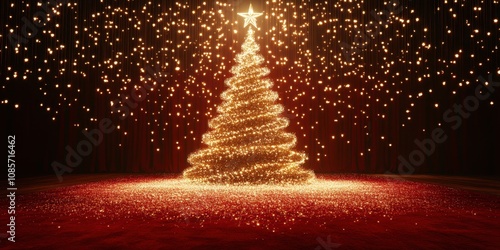 Golden Christmas tree with twinkling fairy lights lux