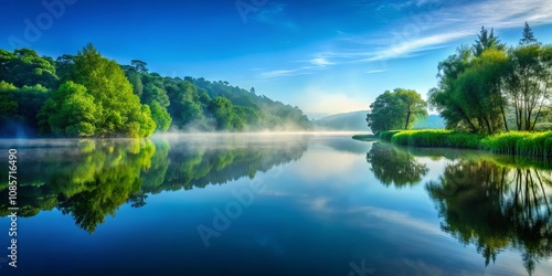 Serene morning mist over a tranquil lake, reflecting lush green trees and a peaceful sky