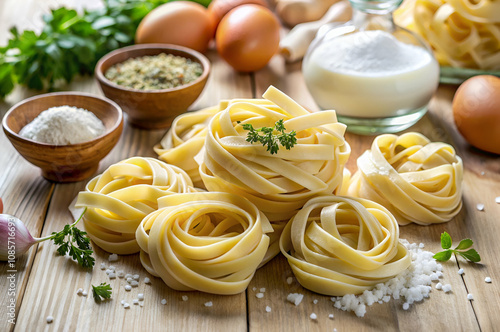 Fresh fettuccine pasta nests arranged on a wooden surface with eggs, herbs, and spices, showcasing ingredients for Italian cuisine.