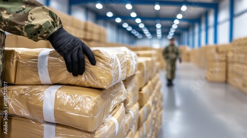 Military Operation Seizing Illicit Packages in Warehouse A soldier in camouflage and gloves inspecting seized packages in a warehouse, representing a law enforcement operation against smuggling