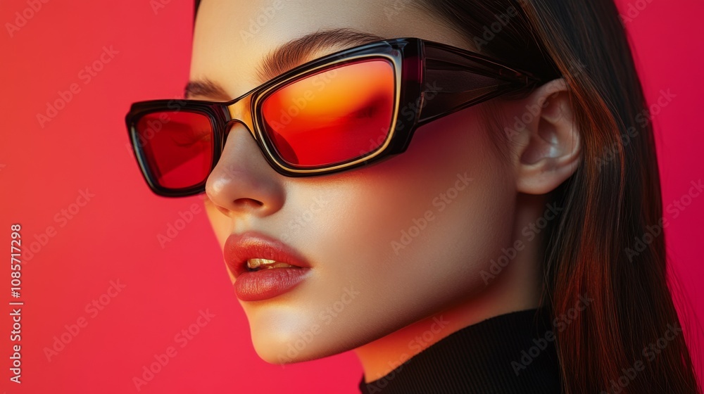 Portrait of a woman with bold sunglasses in a red and blue color scheme Portrait of a woman with bold sunglasses in a red and blue color scheme