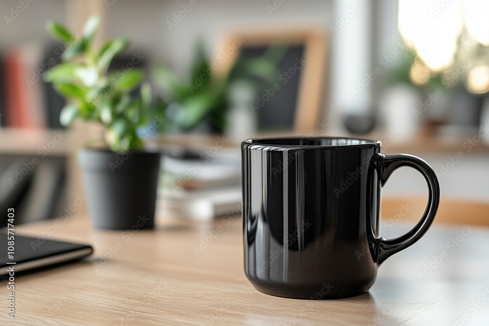 Black coffee mug sits on wooden desk in a bright home office, embodying a calm and productive workspace Black coffee mug sits on wooden desk in a bright home office, embodying a calm and productive workspace