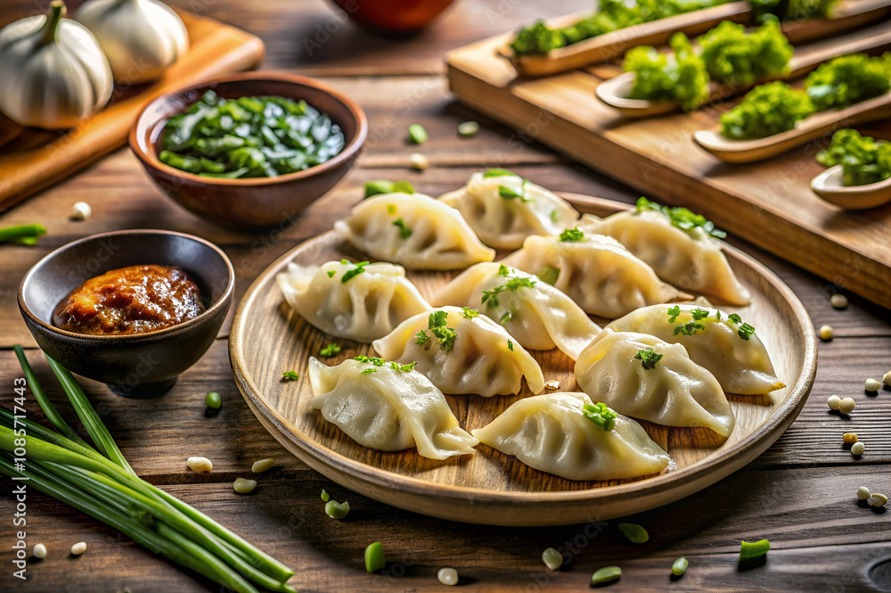 A beautifully arranged plate of dumplings garnished with green onions, accompanied by dipping sauces and fresh herbs on a rustic wooden surface. A beautifully arranged plate of dumplings garnished with green onions, accompanied by dipping sauces and fresh herbs on a rustic wooden surface.