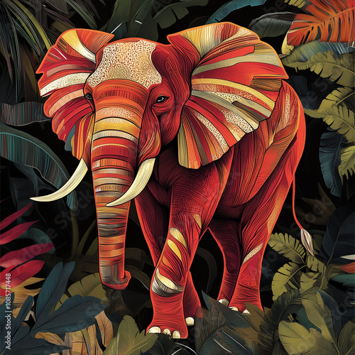 un dessin graphique multicolore d'un éléphant rouge avec des courbes épaisses qui départagent des zones géométriques de tailles différentes, aplats, décor de jungle photo