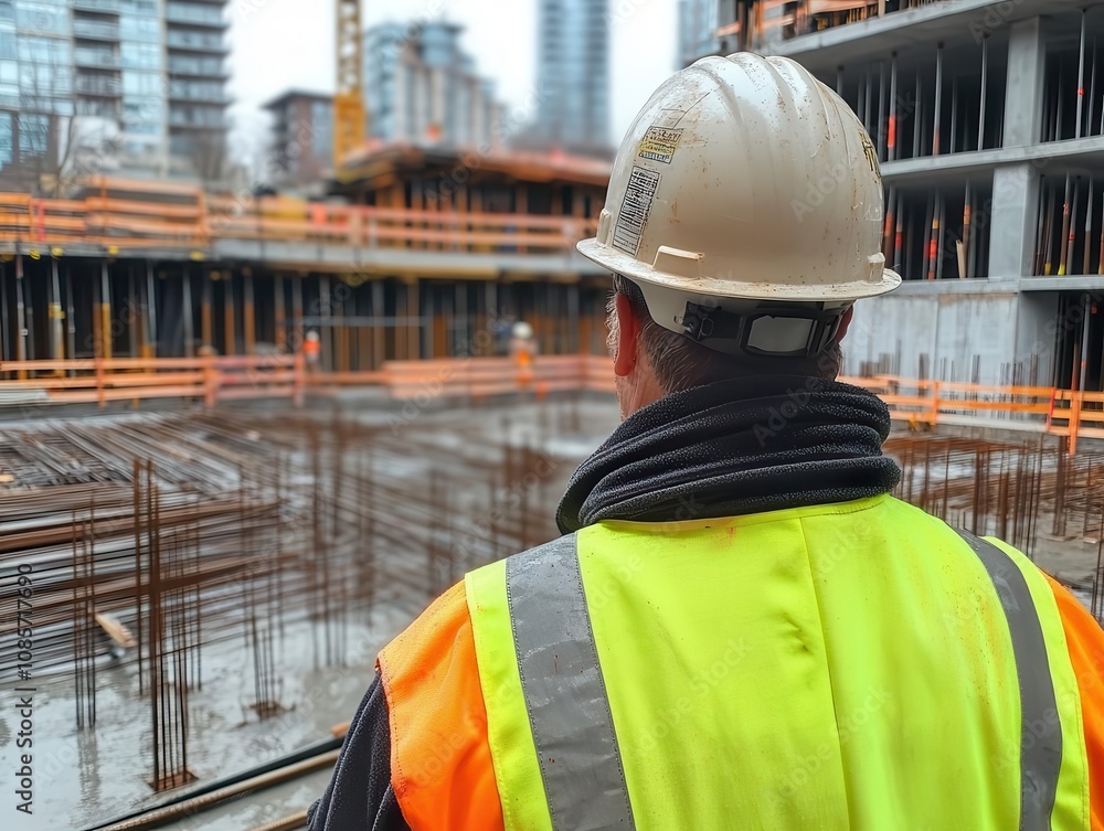 construction worker in a safety vest and hard hat, observing an active construction site, embodying the principles of safety and diligence in the building industry