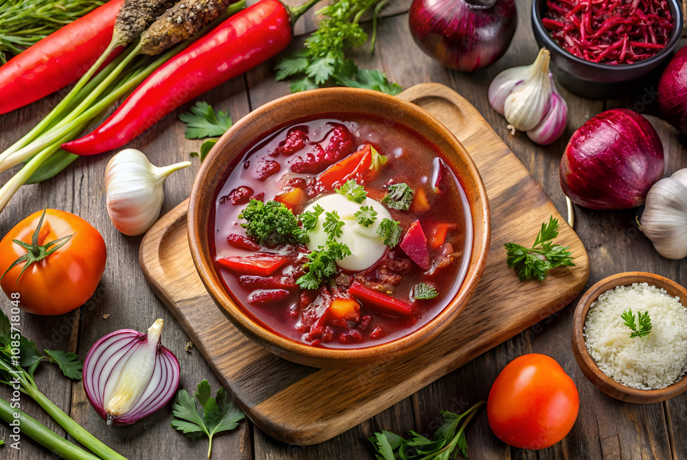 A vibrant bowl of vegetable soup garnished with cream and herbs, surrounded by fresh produce and spices on a rustic wooden table. A vibrant bowl of vegetable soup garnished with cream and herbs, surrounded by fresh produce and spices on a rustic wooden table.