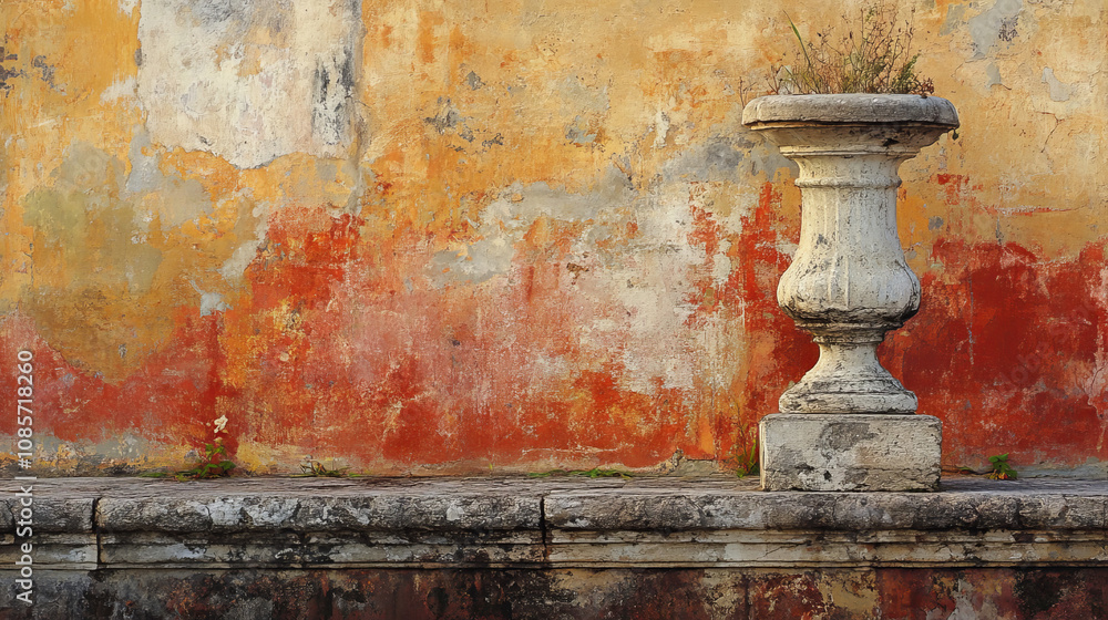 Weathered Stone Urn on Rustic Wall Background Weathered Stone Urn on Rustic Wall Background