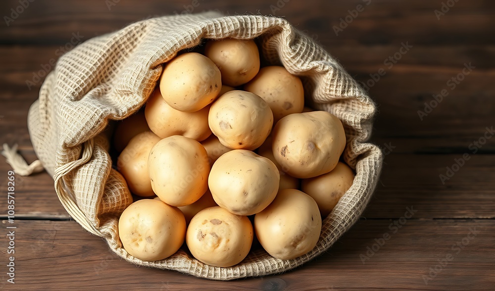 A burlap sack overflowing with fresh potatoes on a rustic wooden table. A burlap sack overflowing with fresh potatoes on a rustic wooden table.
