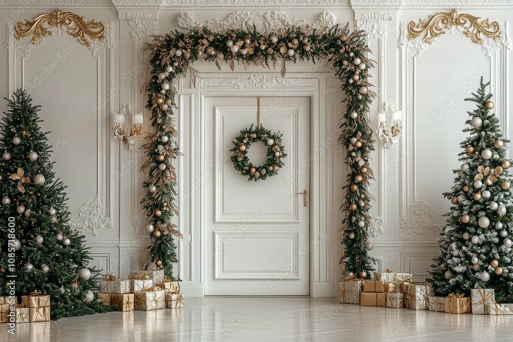 Door decorated with Christmas garlands and wreaths in beige and gold, Christmas trees with lights and toys, festive atmosphere with luxurious wall hangings and greenery. Door decorated with Christmas garlands and wreaths in beige and gold, Christmas trees with lights and toys, festive atmosphere with luxurious wall hangings and greenery.