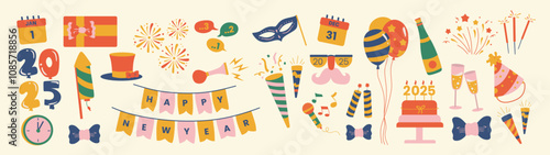 Set of New Year Party Essentials Illustrations