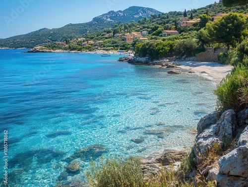 crystal-clear sea showcasing vibrant blue hues, gentle waves glistening under sunlight, perfect for evoking tranquility and natural beauty