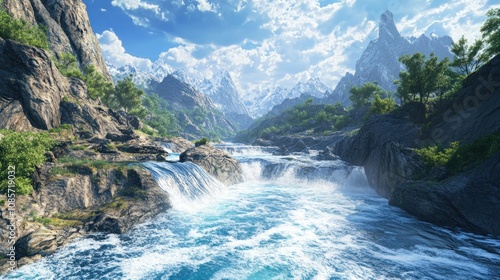 A scenic view of a rushing river flowing through a mountain valley with snow-capped peaks and lush greenery.