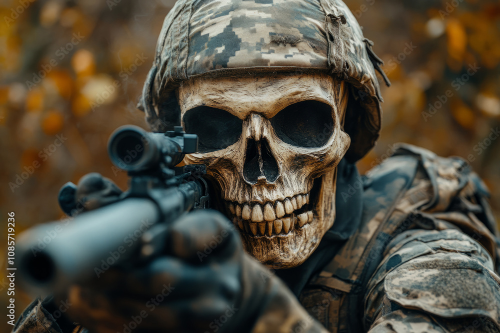 skeleton soldier aiming a rifle with telescopic sight in autumn forest skeleton soldier aiming a rifle with telescopic sight in autumn forest