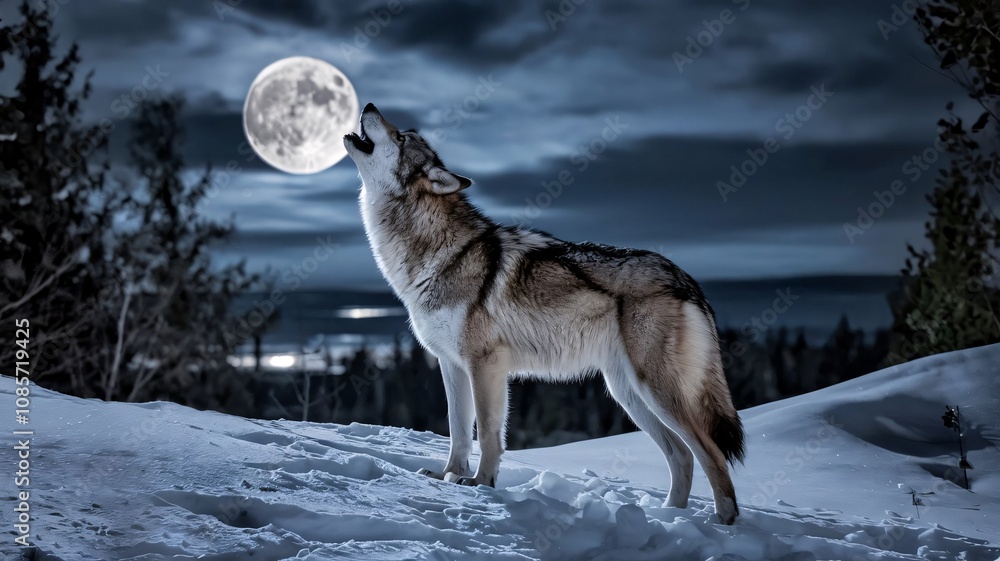 Fototapeta premium Wolf Howling at Moon in Snowy Forest Night Scene