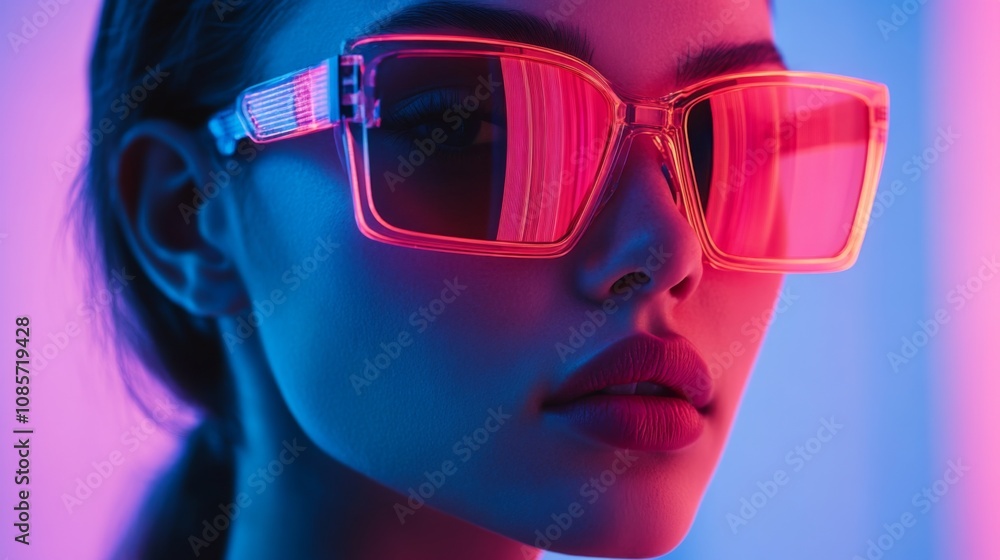 Stylish woman in bold blue sunglasses with vibrant neon lighting Stylish woman in bold blue sunglasses with vibrant neon lighting