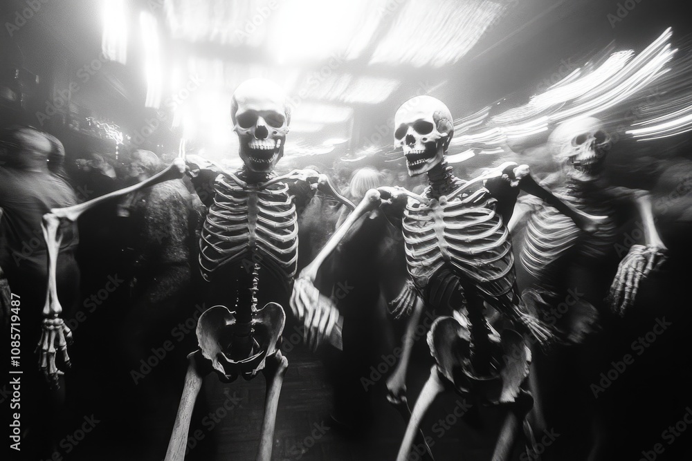Skeletons are dancing in a nightclub with blurred people during a halloween party Skeletons are dancing in a nightclub with blurred people during a halloween party