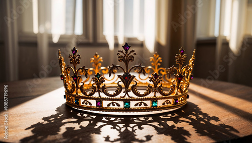 Ornate golden crown adorned with colorful precious jewels photo