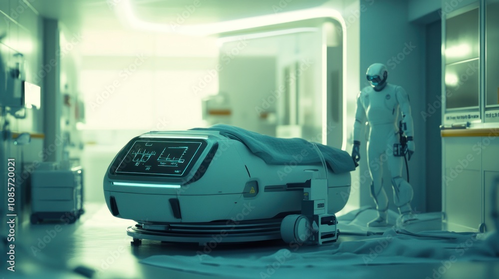 A futuristic hospital room with a robot pushing a patient bed with a robotic patient inside. A futuristic hospital room with a robot pushing a patient bed with a robotic patient inside.