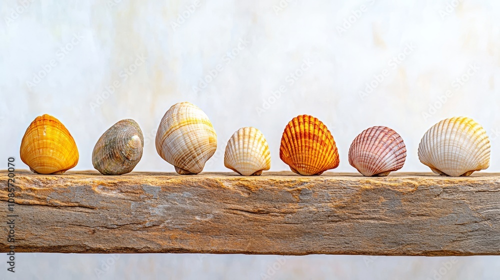 Variety of Colorful Seashells on Wooden Plank Variety of Colorful Seashells on Wooden Plank