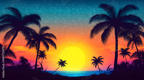Silhouette of palm trees at sunset with vibrant colors and starry sky